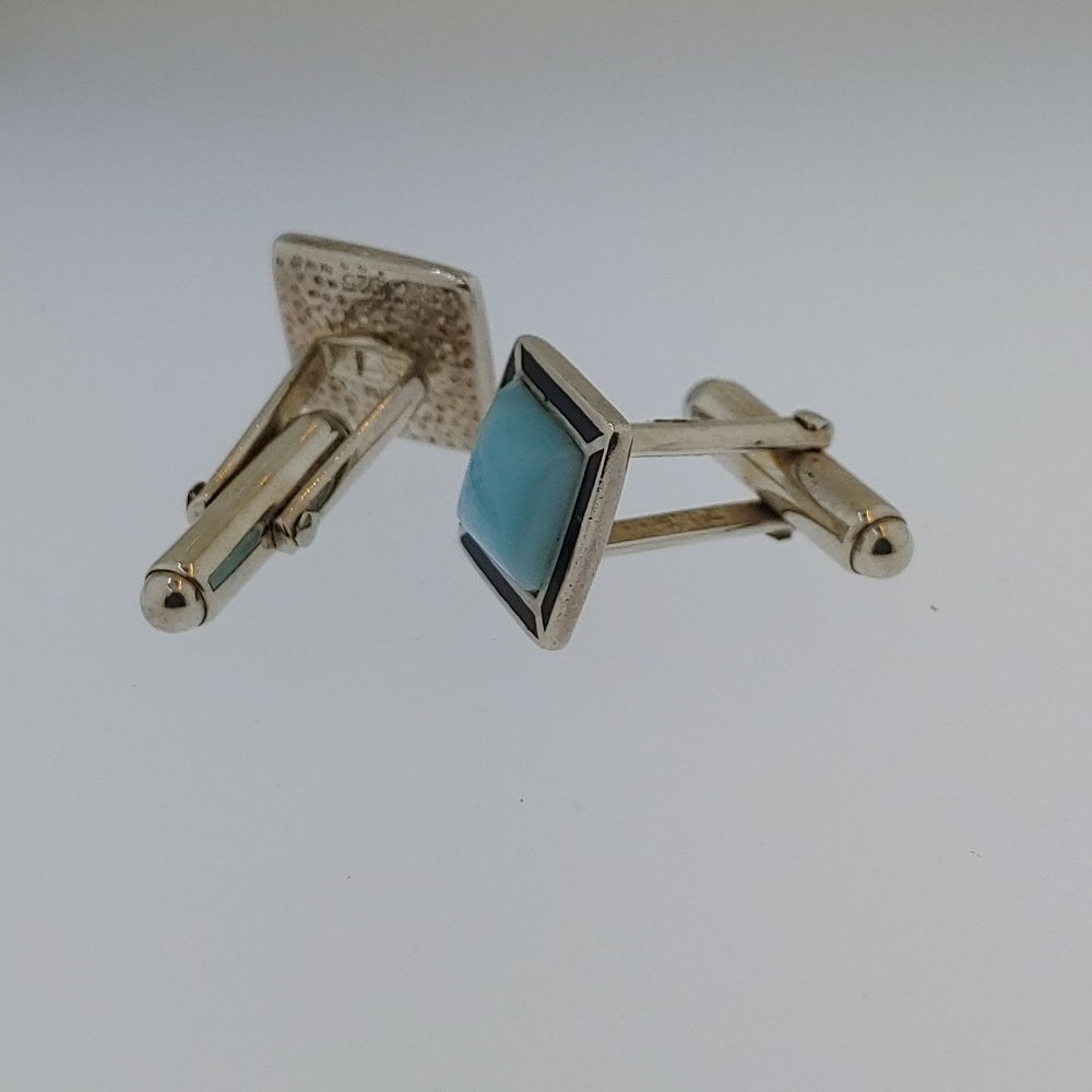 Sterling Silver Larimar and Onix Men Cuff Links - Picture 3 of 4